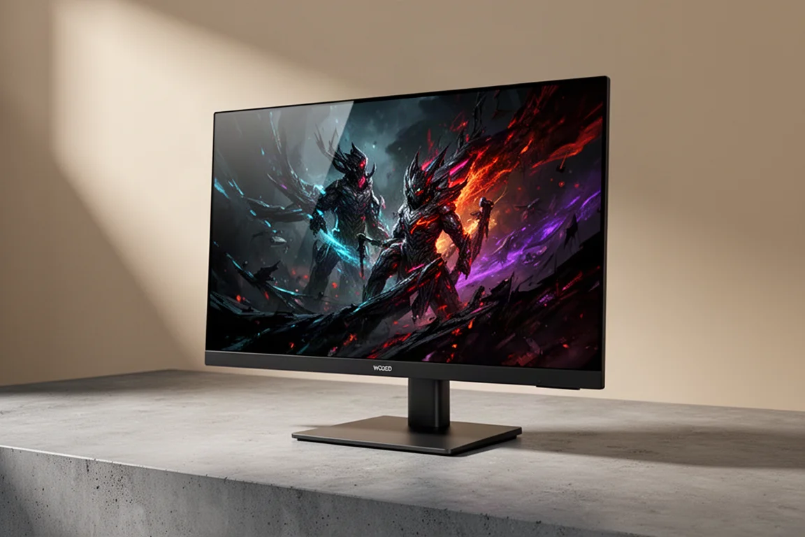 ASUS XG32UCWG Glossy-OLED-Gaming-Monitor auf matter Betonoberfläche