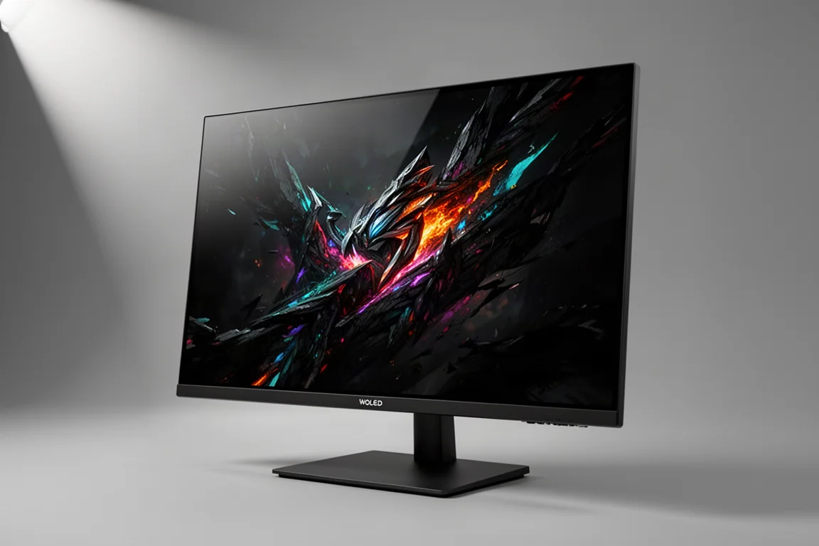 ASUS XG32UCWG glänzender OLED-Gaming-Monitor auf matter Betonoberfläche