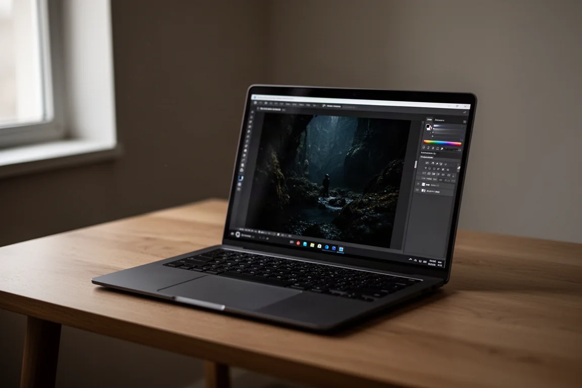 Geöffnetes ultraportables Notebook auf einem Schreibtisch mit dunkler Foto-Bearbeitungssitzung