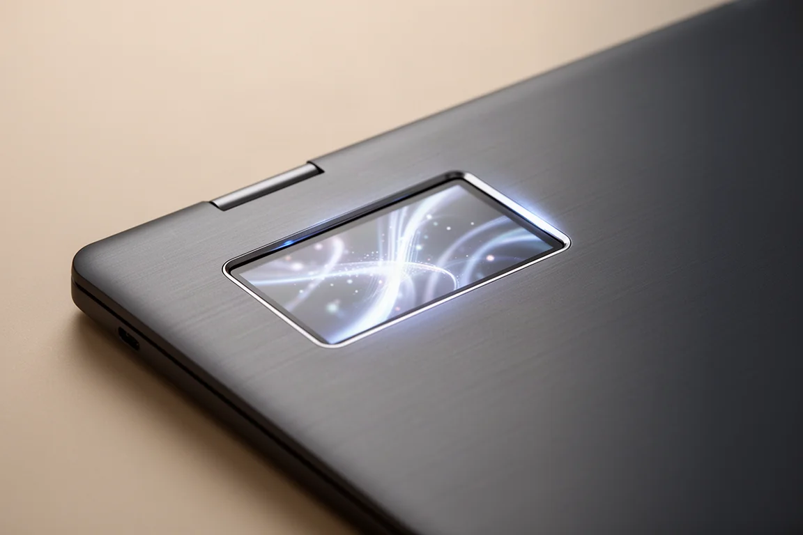 Nahaufnahme eines kleinen Zweitdisplays im Deckel eines Laptops