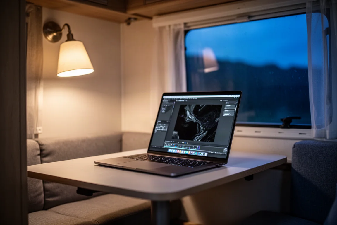 Wohnmobil-Innenraum bei Nacht mit Laptop auf einem kleinen Tisch unter warmem Licht