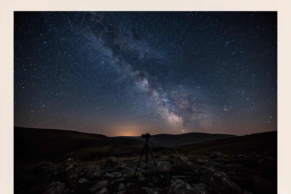 Sternenhimmel über einer abgelegenen Landschaft mit schwacher Silhouette eines Stativs