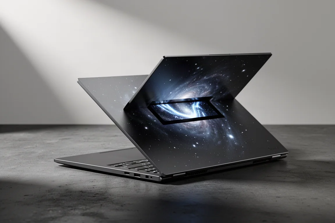 Schlankes ultraportables Notebook mit Weltraum-Thema und kleinem Display auf dem Deckel, aus dreiviertel Perspektive fotografiert