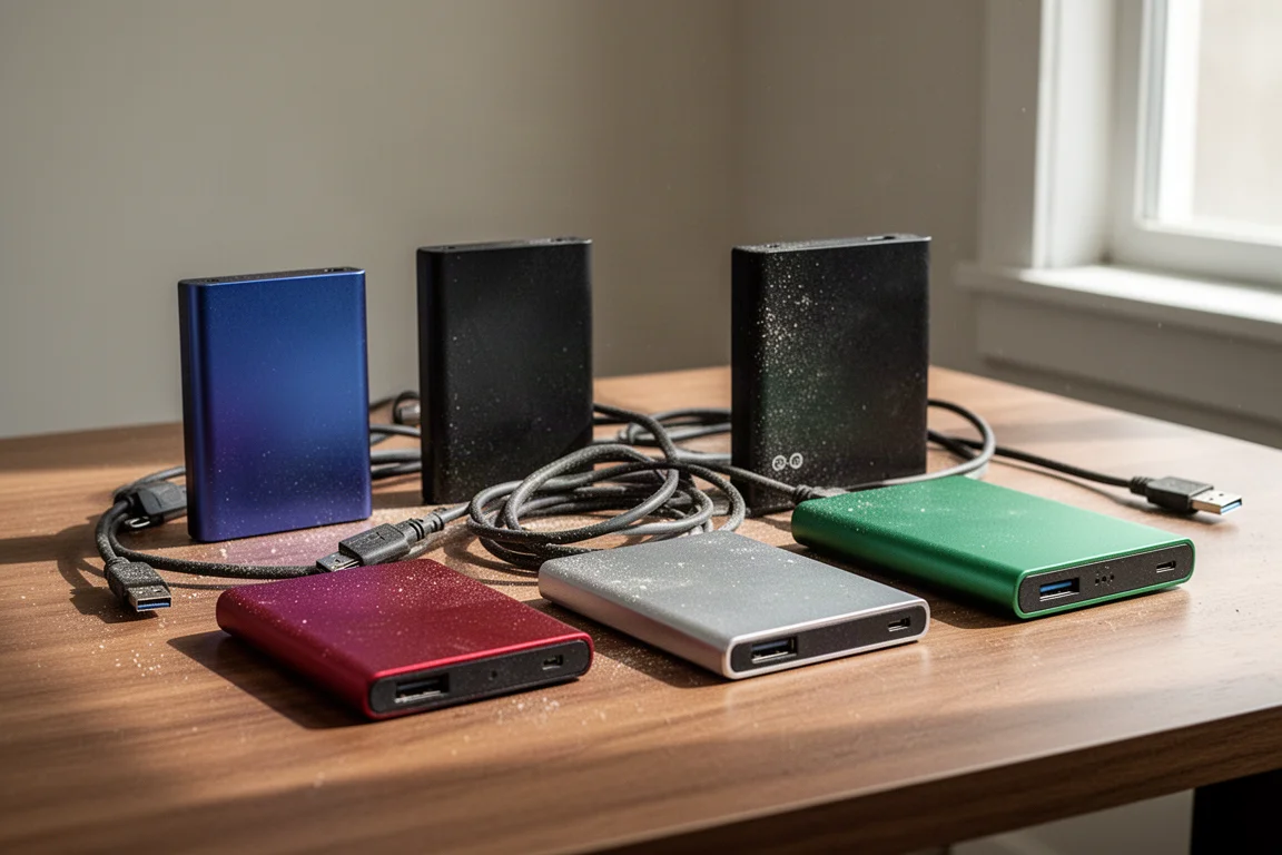 Kilka luźnych dysków zewnętrznych i kabli USB rozrzuconych na drewnianym biurku