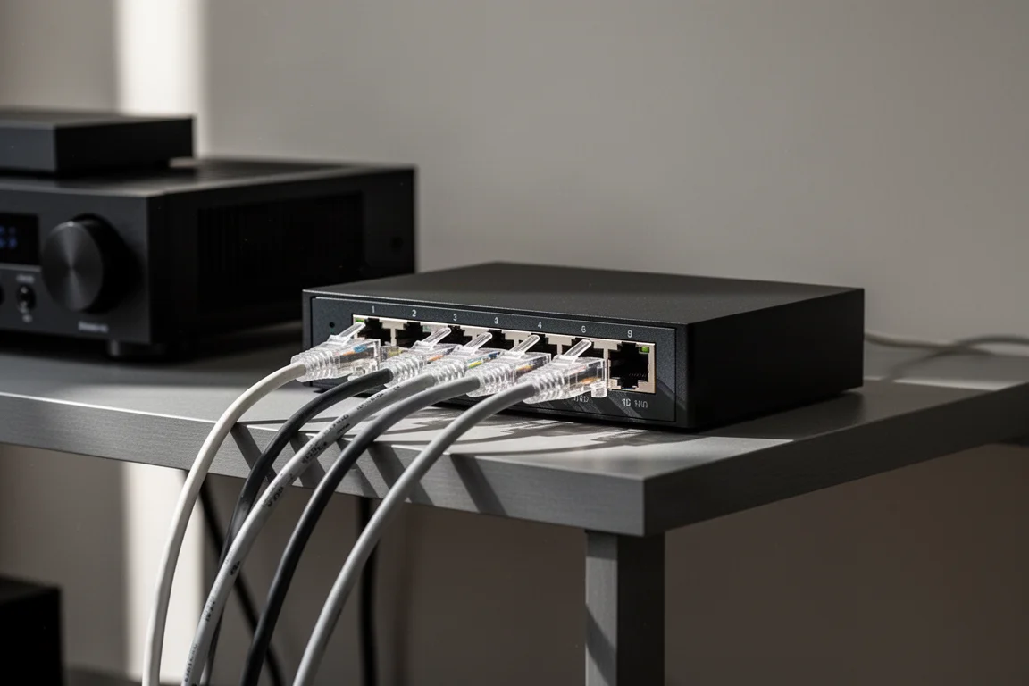 Kable Ethernet wpięte do kompaktowego switcha sieciowego na półce