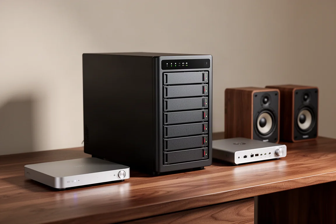 Compact black NVMe network storage unit on a walnut shelf beside a streamer and speakers