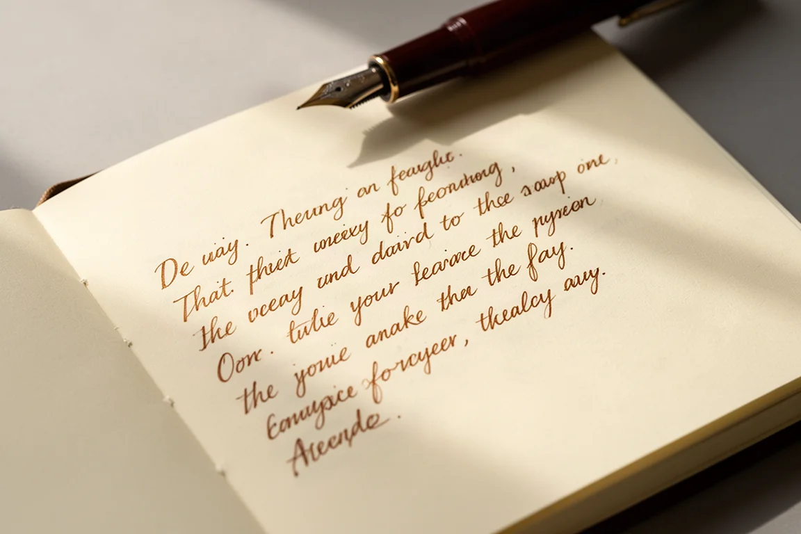 Handschriftprobe mit brauner Tinte auf cremefarbenem Notizbuchpapier