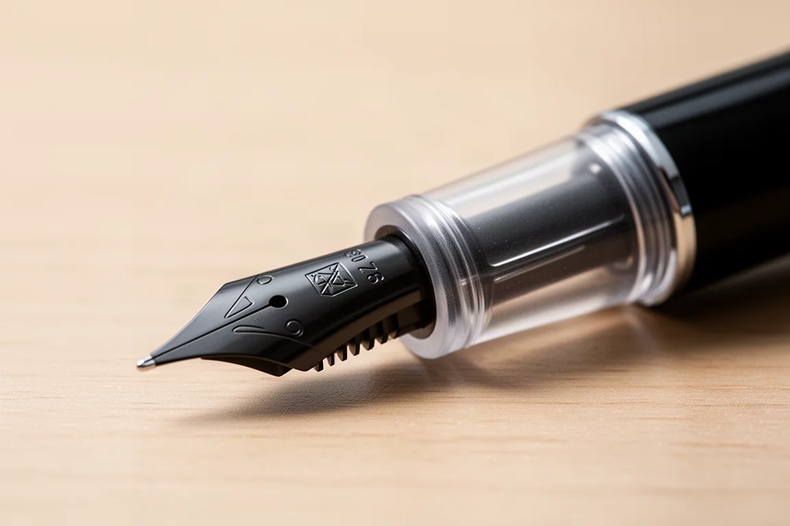 Gros plan sur la plume d'un stylo-plume avec revêtement noir et simple alimentation en plastique