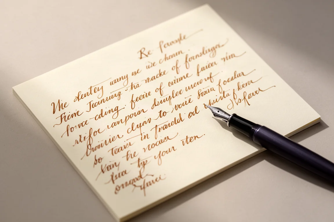 Lignes d'un échantillon d'encre manuscrites tracées sur du papier crème avec un stylo-plume