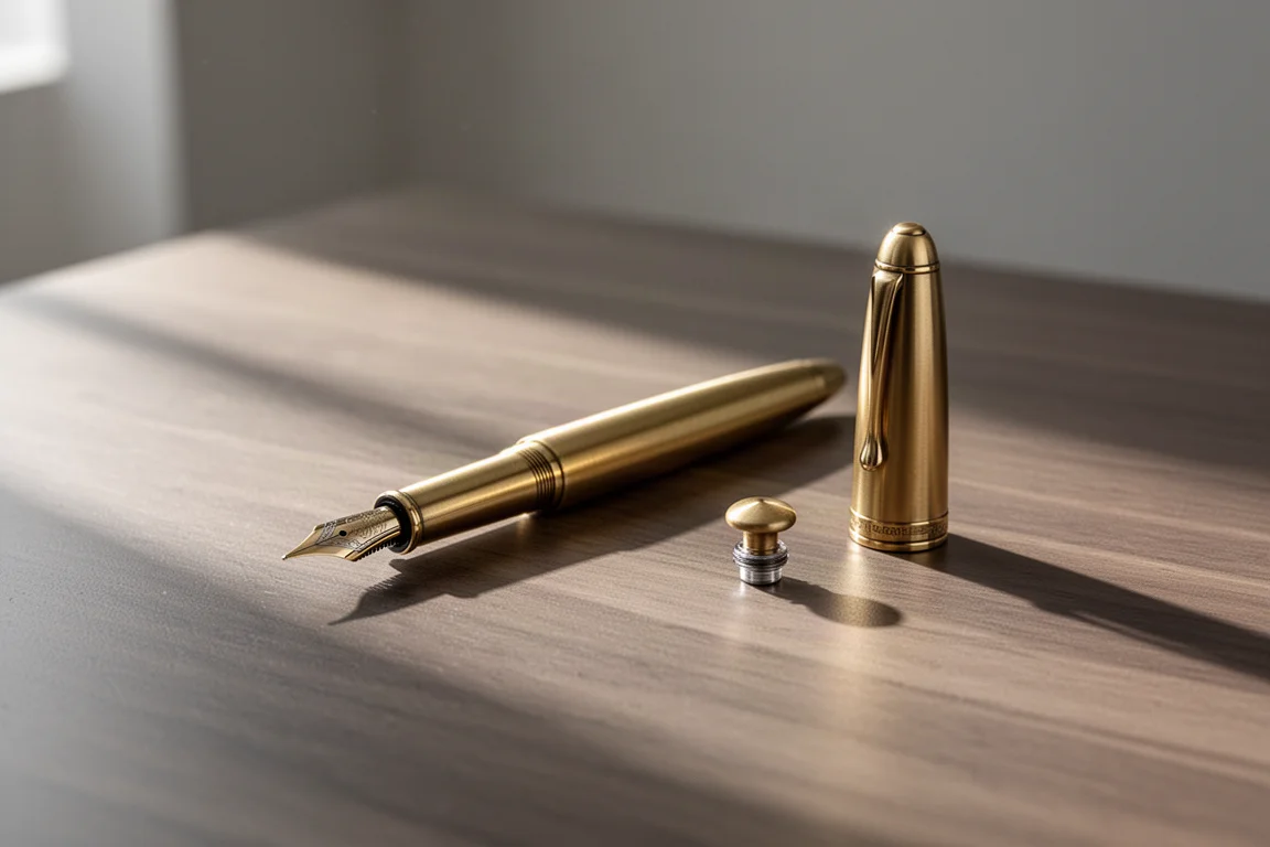Stylo-plume en laiton avec plume fude posé à côté d'un convertisseur ouvert sur un bureau