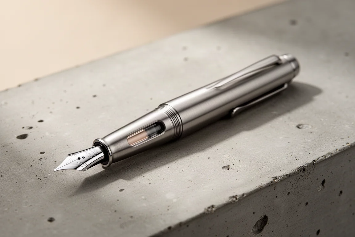 Asvine J16 titanium fountain pen lying on a concrete surface