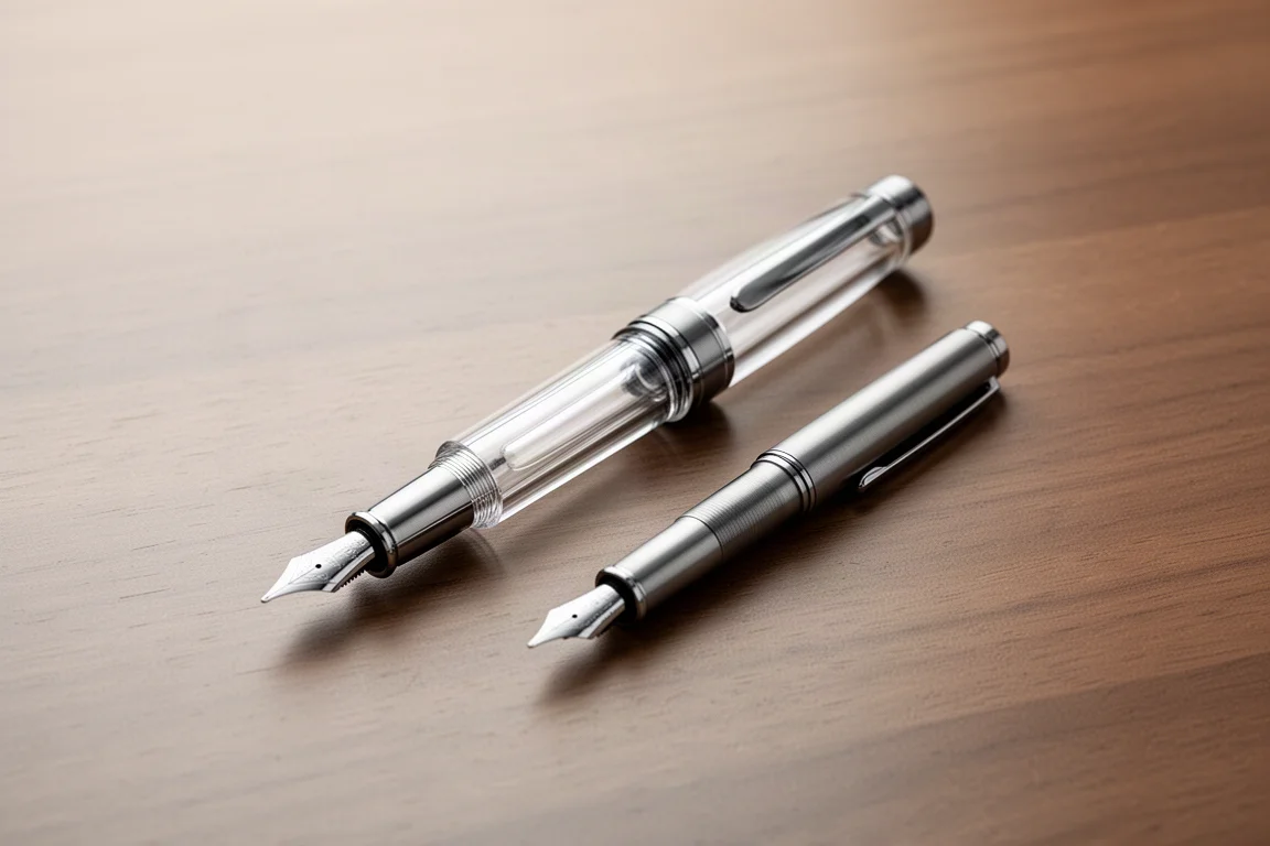 A clear demonstrator fountain pen next to a smaller, metal-bodied pen on a desk