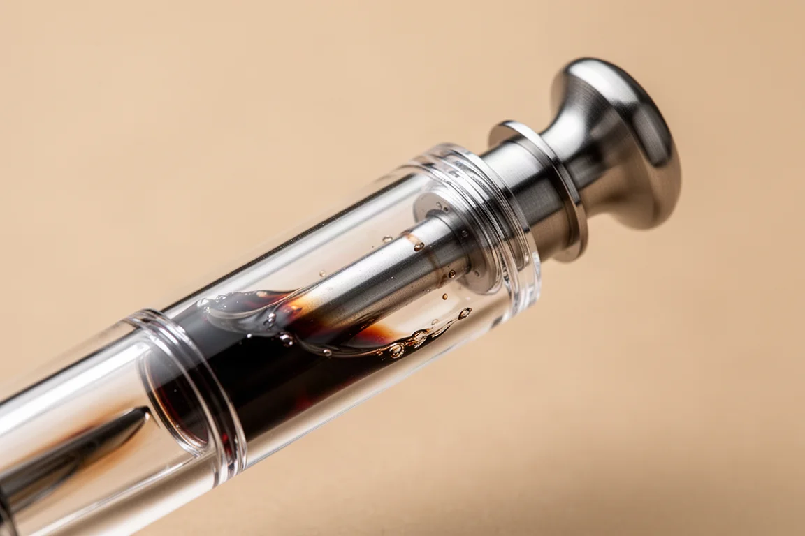 A close-up of a piston knob being turned on the barrel of a transparent fountain pen