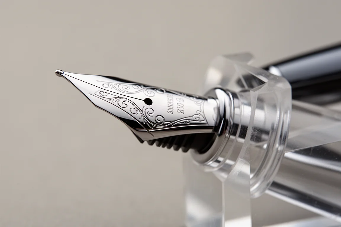 Close-up of a fountain pen nib with engraved markings on steel
