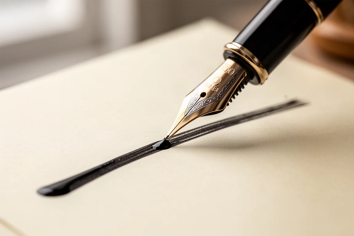 A fountain pen writing on cream paper with visible ink line width variation