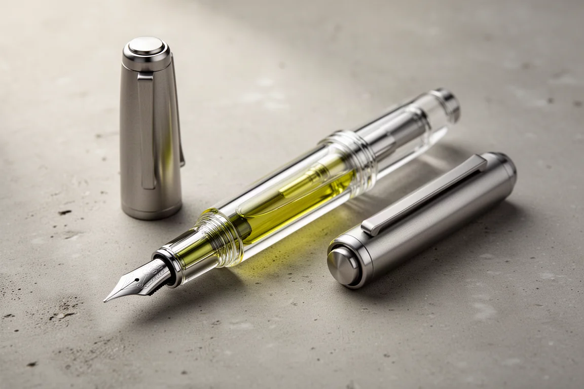 Transparenter Mittelfüllfederhalter mit Titanbeschlägen und violetter Tinte auf einem gebürsteten Aluminium-Schreibtisch