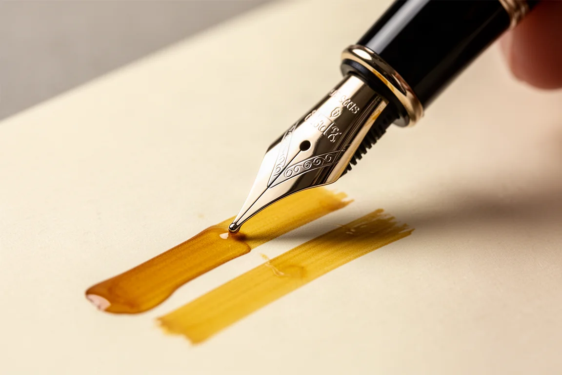 Plumín de pluma estilográfica escribiendo trazos gruesos de tinta húmeda sobre papel crema