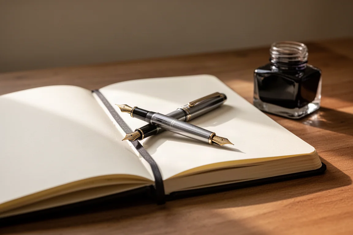 Mano abriendo una libreta junto a una pluma estilográfica transparente y un frasco de tinta