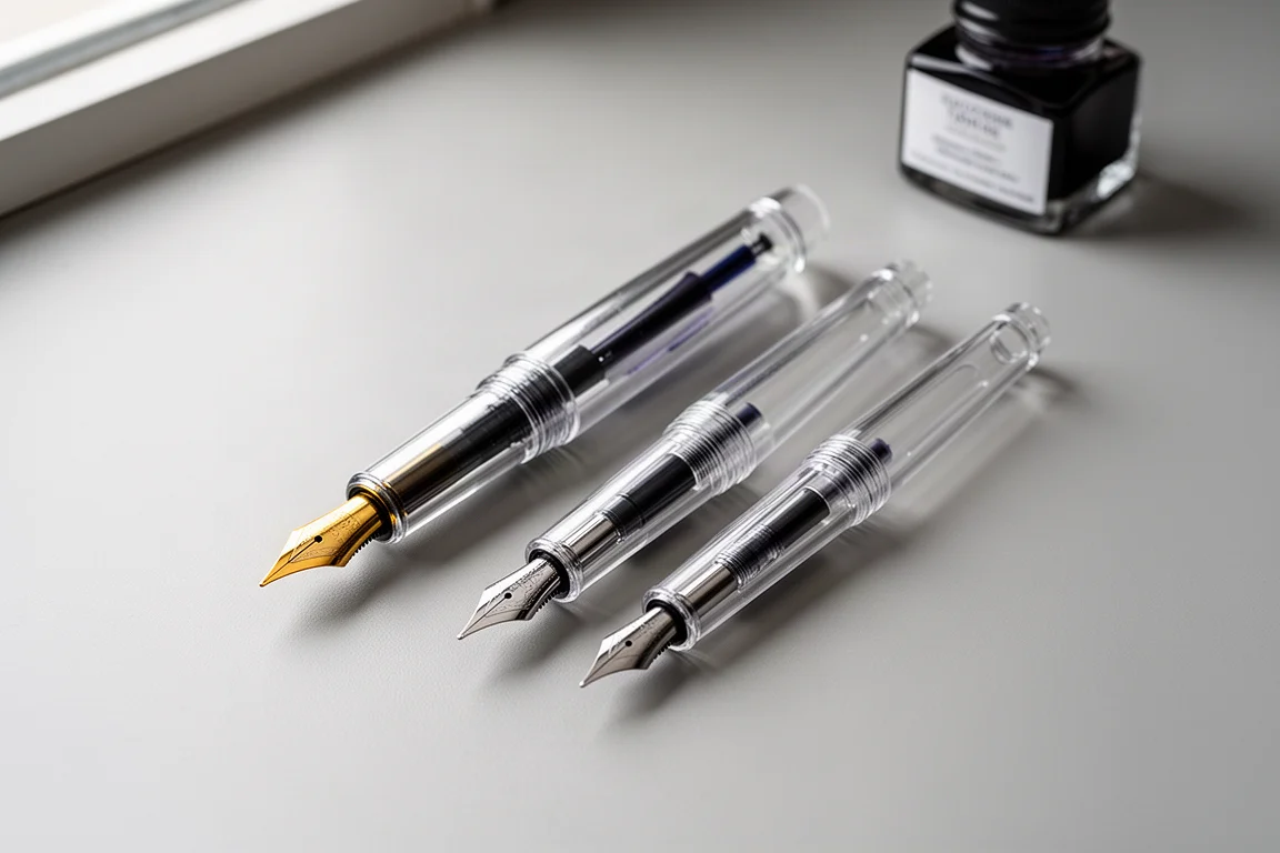 Zwei transparente Demonstrator-Füllfederhalter nebeneinander auf einem grauen Schreibtisch