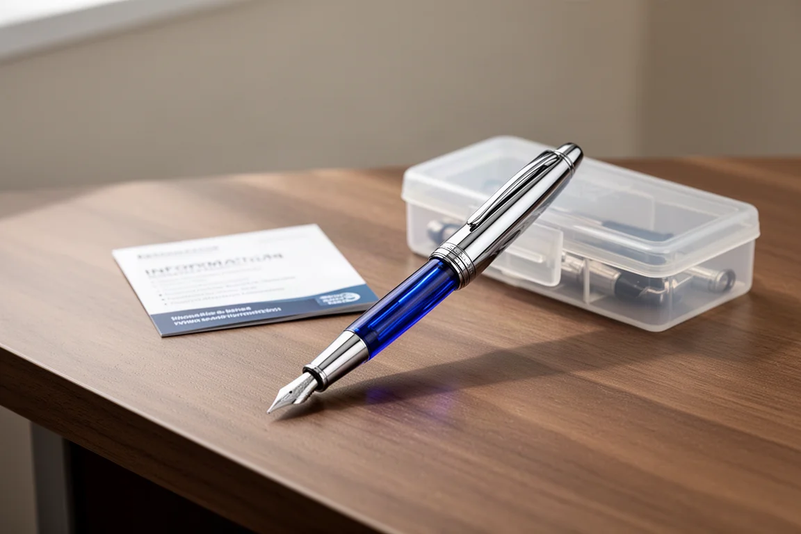 Vulpen met chroompatroon overdoorschijnend grijsblauw acryl liggend op een bureau