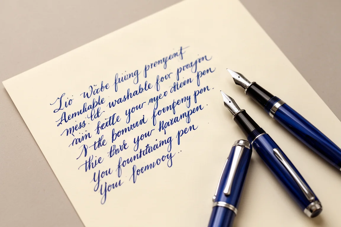 Handwritten writing sample with blue ink from a medium steel nib