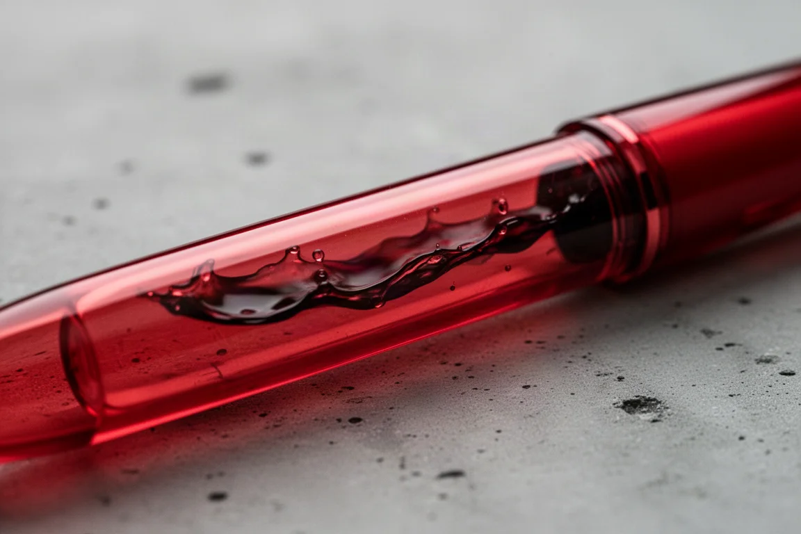 Cuerpo translúcido rojo de una pluma estilográfica mostrando la tinta moviéndose en su interior