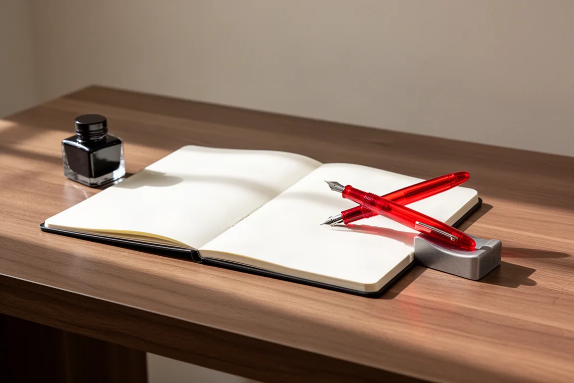 Escritorio con pluma estilográfica, frasco de tinta y cuaderno listos para una sesión de escritura