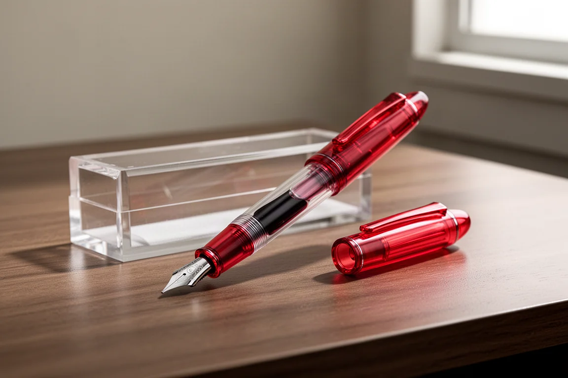Translucent roter Asvine V126 Füllhalter liegt auf einem Holzschreibtisch neben seiner Verpackung