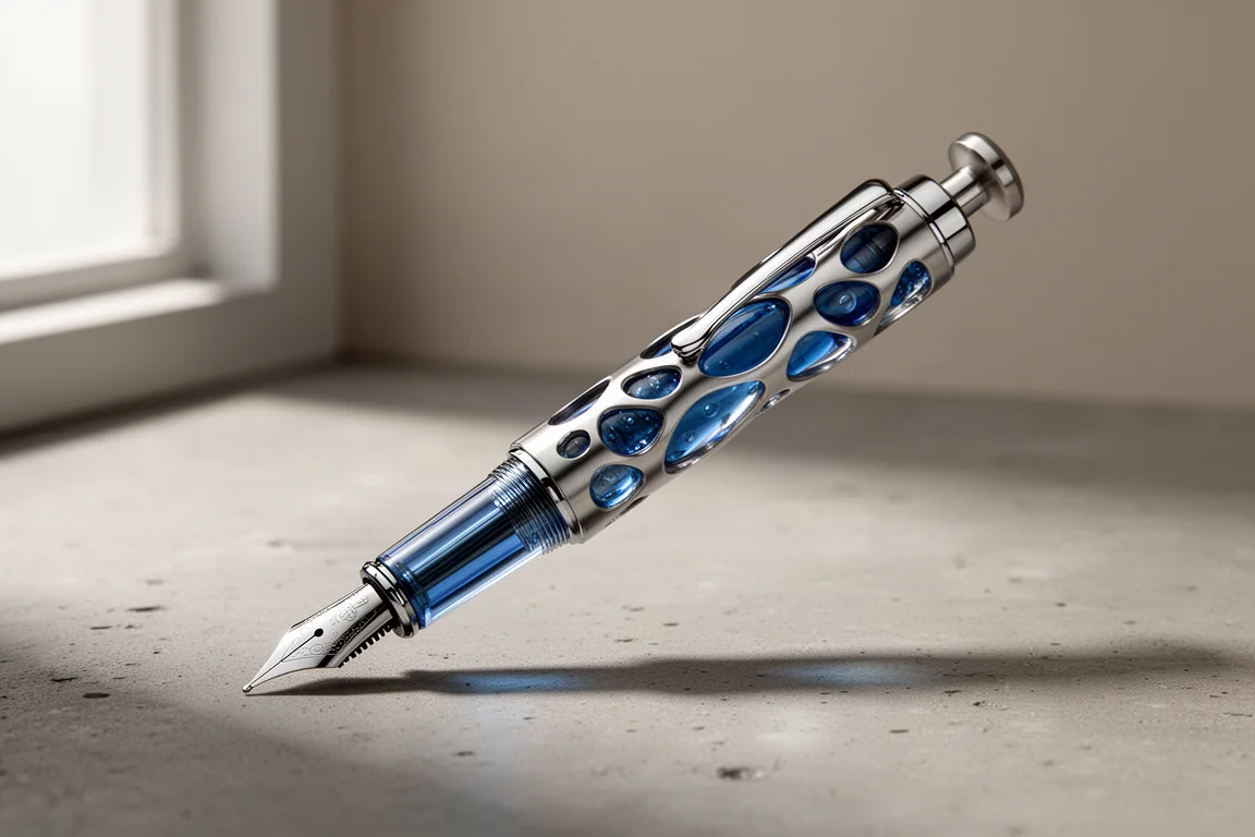 Asvine V169 fountain pen with chrome skeleton overlay and blue resin on concrete surface