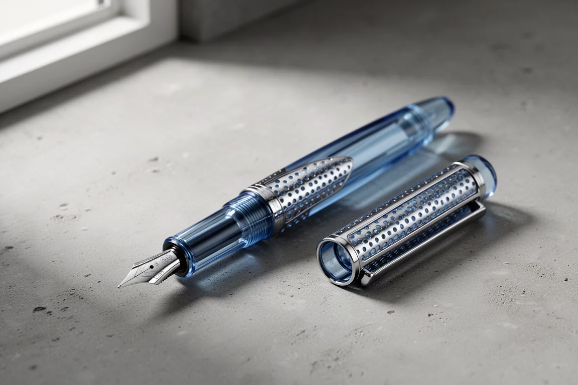 Translucent blue fountain pen with perforated metal overlay on grey surface