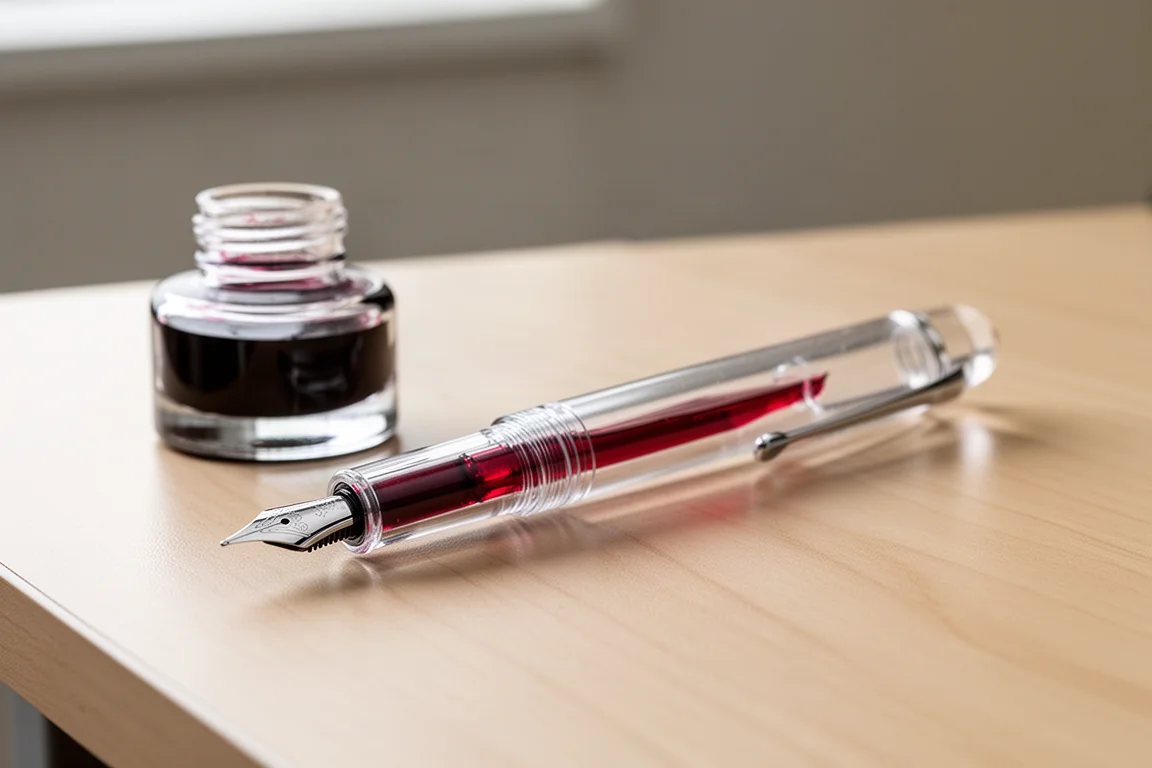 Transparenter Fountainpen mit roter Tinte neben einer geöffneten Tintenflasche