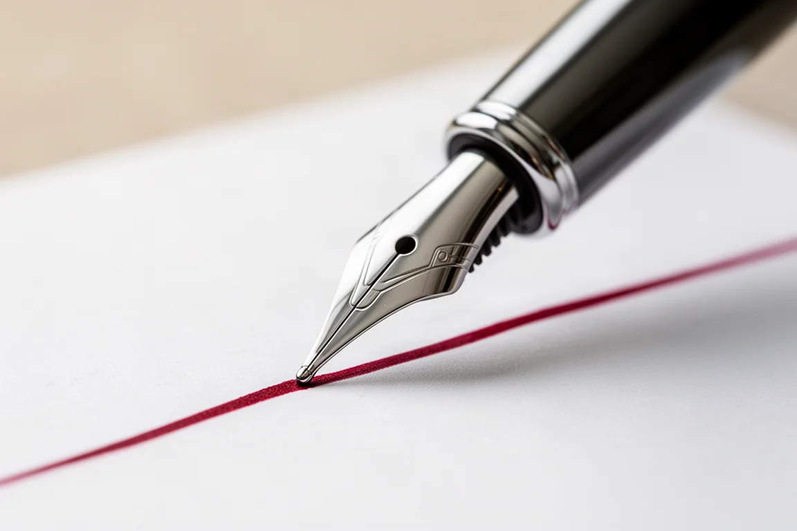 Fountainpen-Feder schreibt auf weißem Papier rote Linien