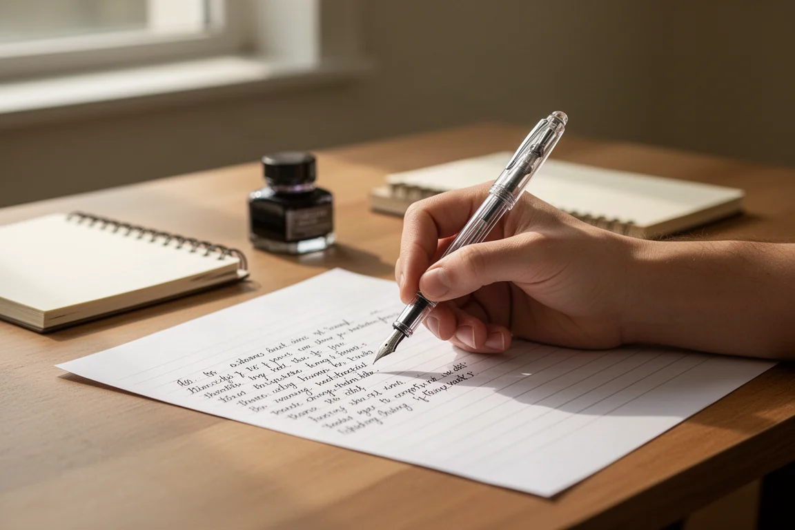 Person schreibt einen Brief mit einem Fountainpen an einem aufgeräumten Schreibtisch