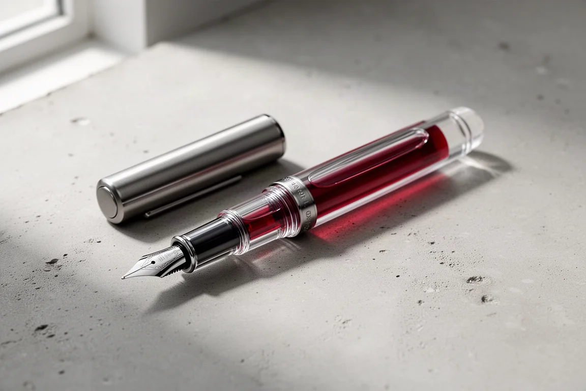 Transparenter Fountainpen mit roter Tinte und Titanapplikationen auf grauer Oberfläche