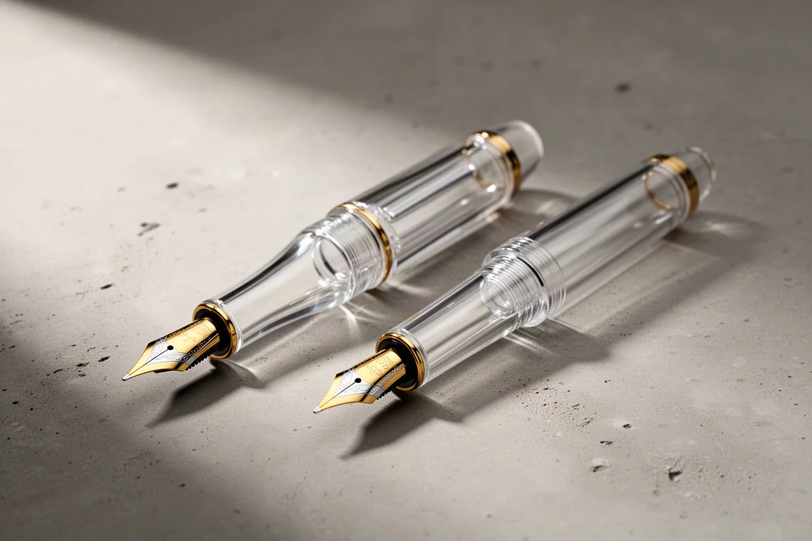 Asvine V800 und Jinhao 9019, transparente Füllfederhalter nebeneinander auf Beton