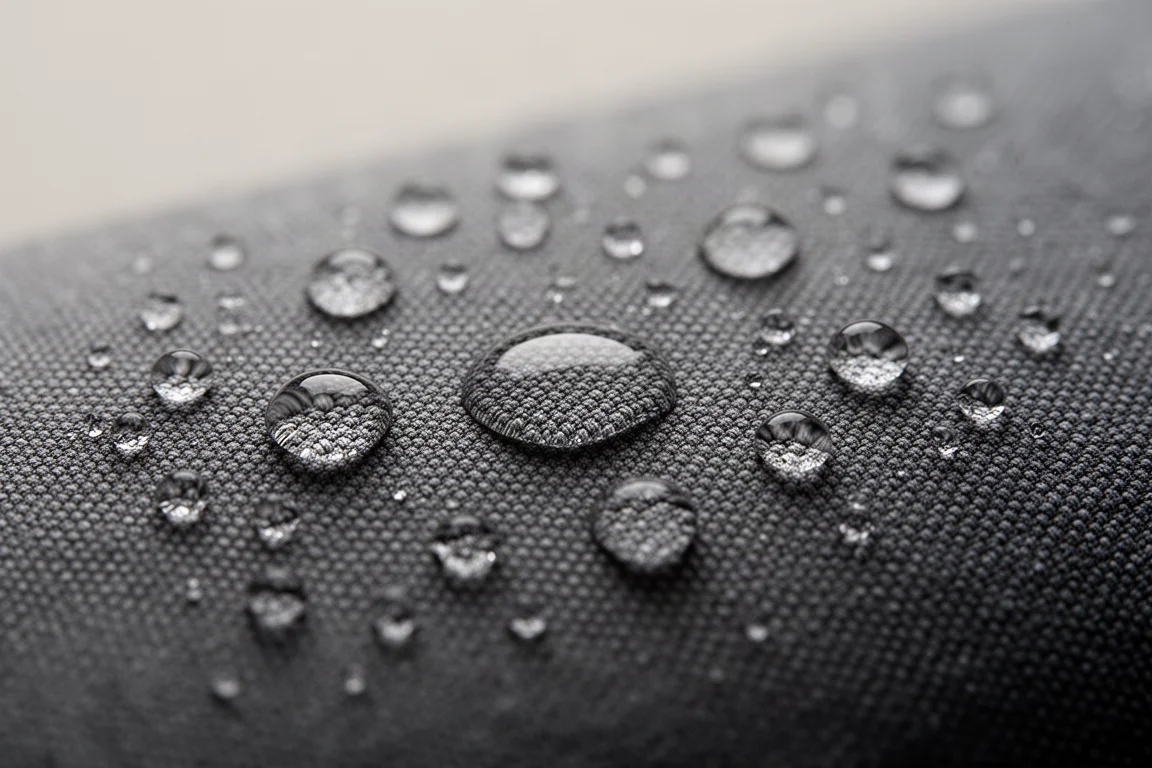 Water droplets beading on dark canvas fabric surface