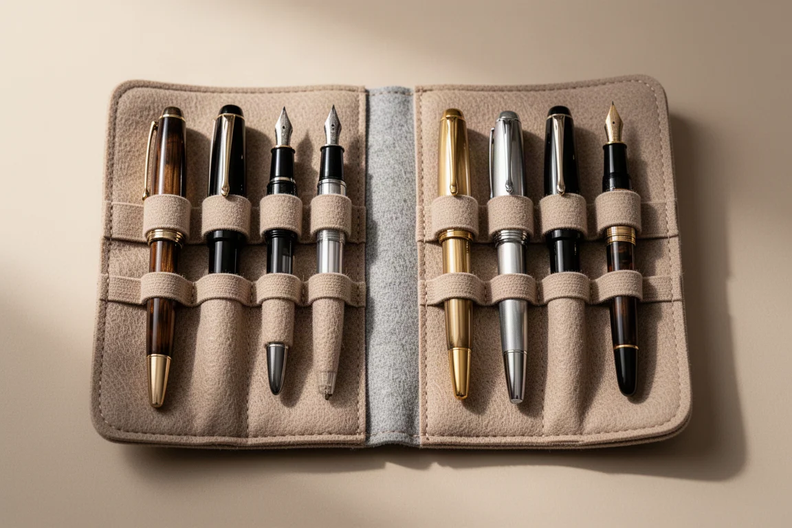 Fountain pens resting in elastic pen slots inside an open case