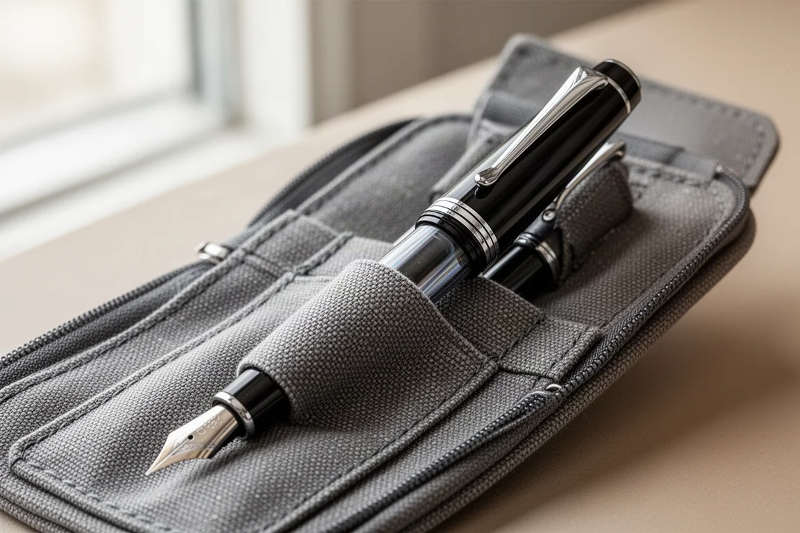 Large fountain pen sliding into a pen slot with room to spare