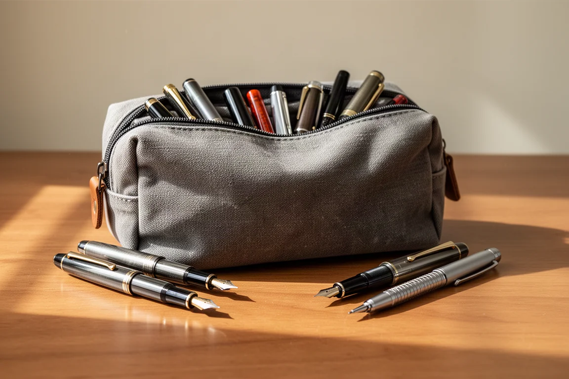 Fully loaded pen case zipped closed on a desk with pens nearby