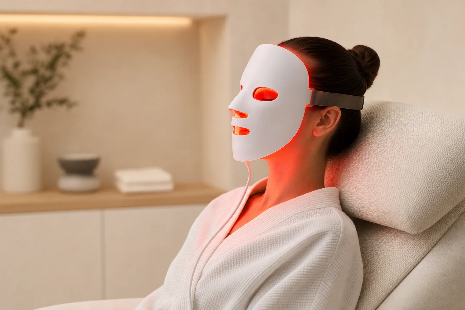Person applying a red light therapy mask to their face in a spa-like setting