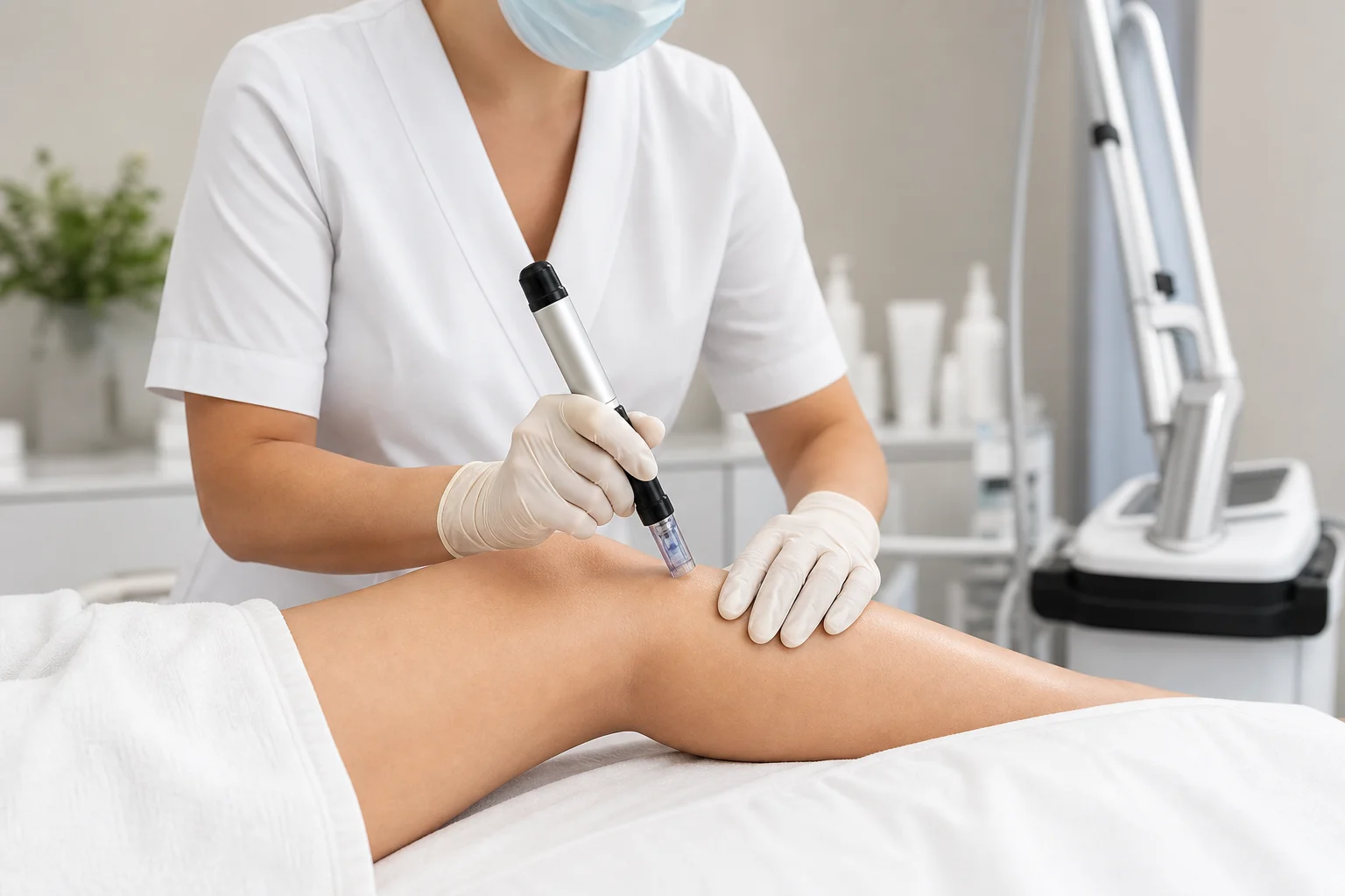 Dermatologist examining skin with professional microneedling equipment in clinical setting