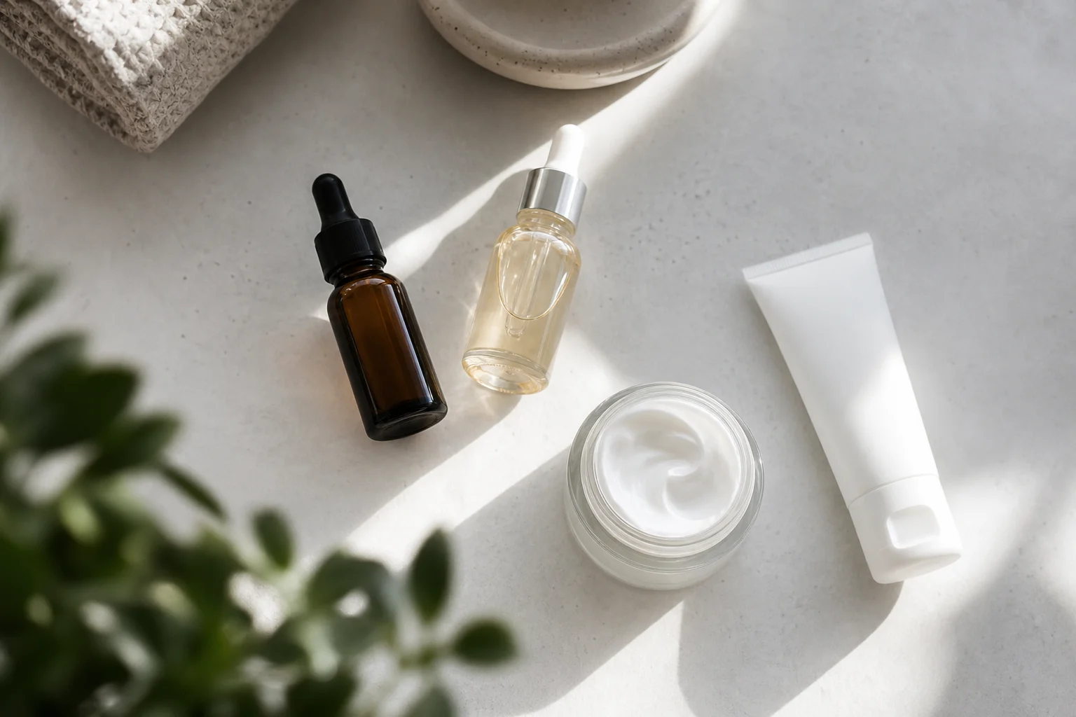 Morning skincare routine with bottles of serum, moisturizer, and sunscreen on bathroom counter