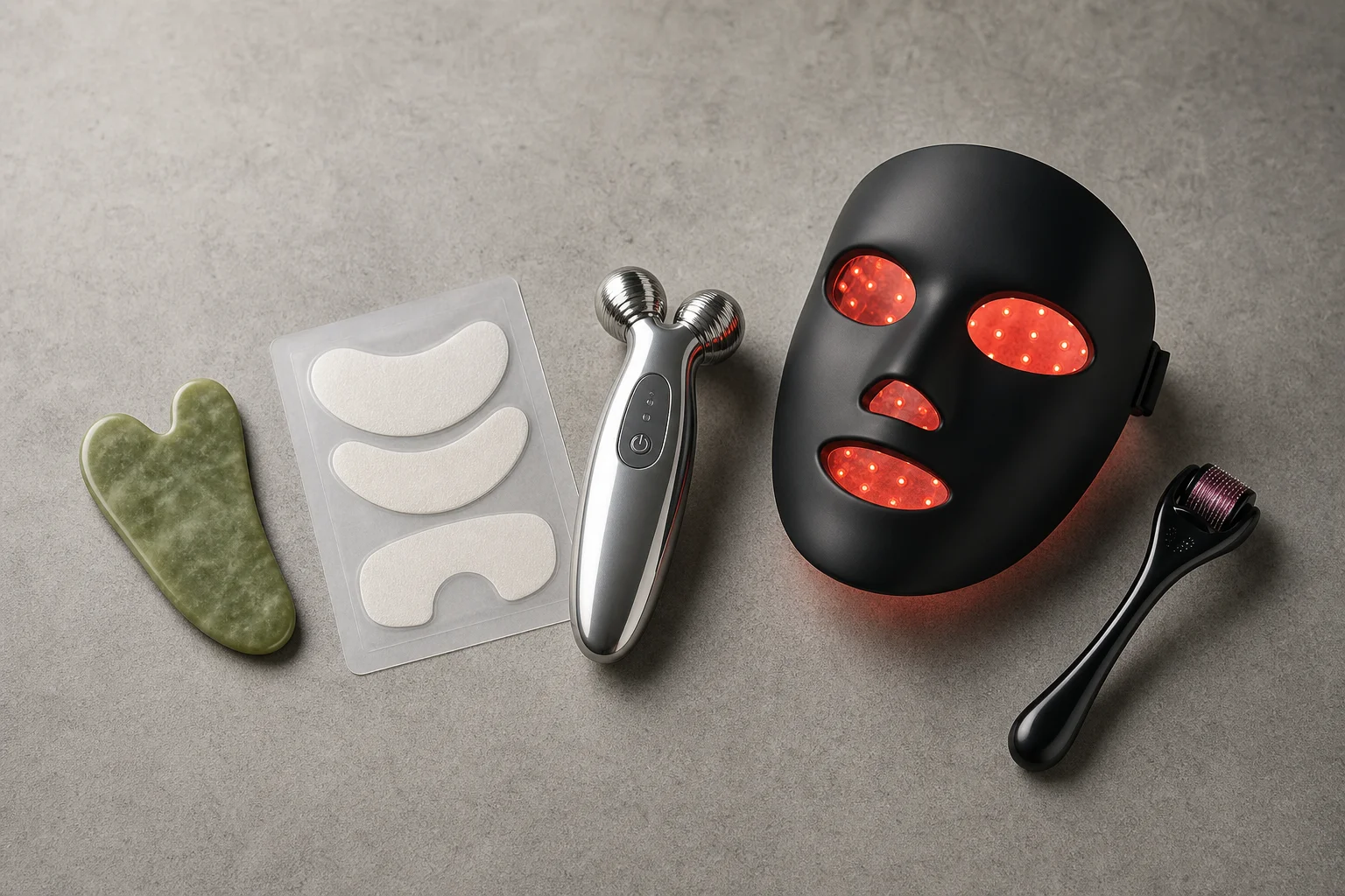 Five anti-aging devices arranged on concrete: gua sha stone, facial patches, microcurrent device, red light mask, and microneedling roller