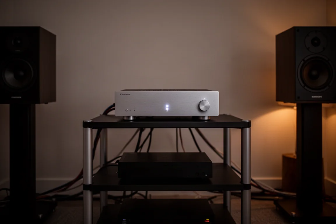 Amplificador integrado iluminado en una sala de escucha con poca luz y cables de altavoz saliendo