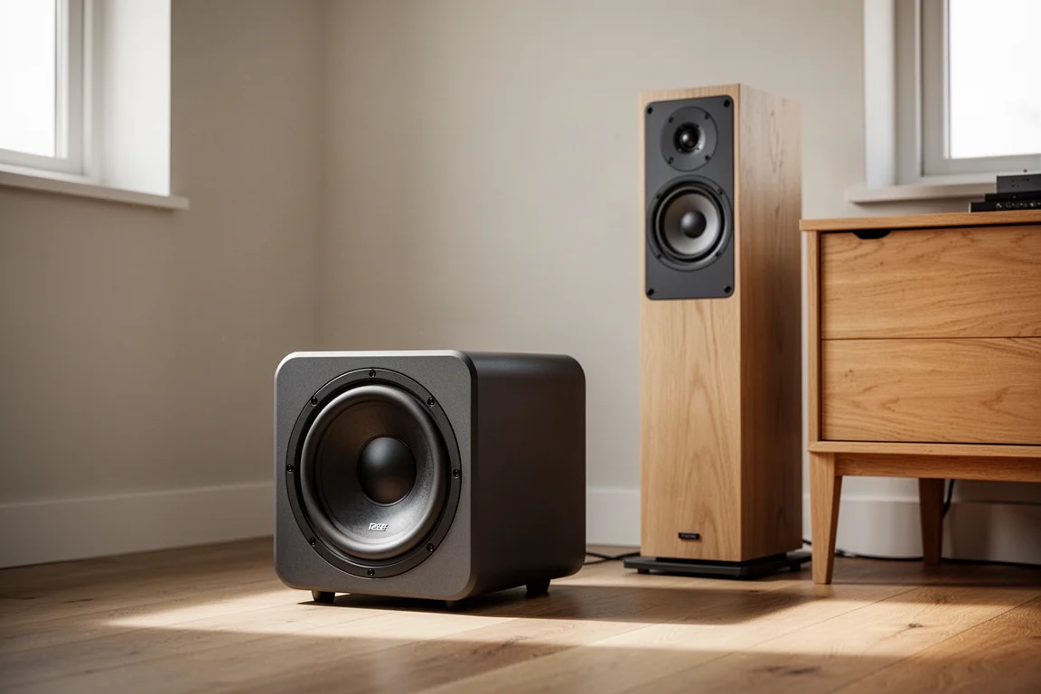 Subwoofer sellado compacto junto a un altavoz de estantería sobre un suelo de madera