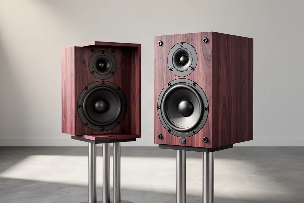 Pair of rosewood two-way stand-mount speakers on stands in a minimal listening room