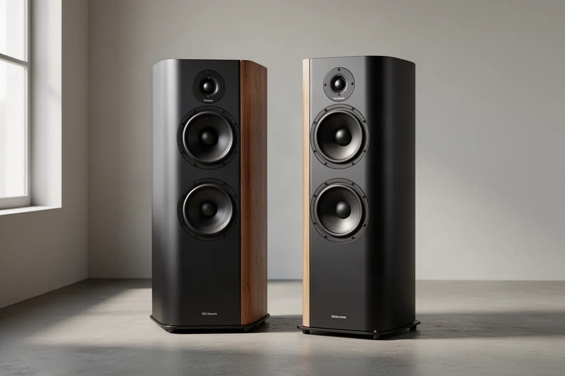 Pair of tall black floorstanding speakers with curved cabinets in a minimal listening room