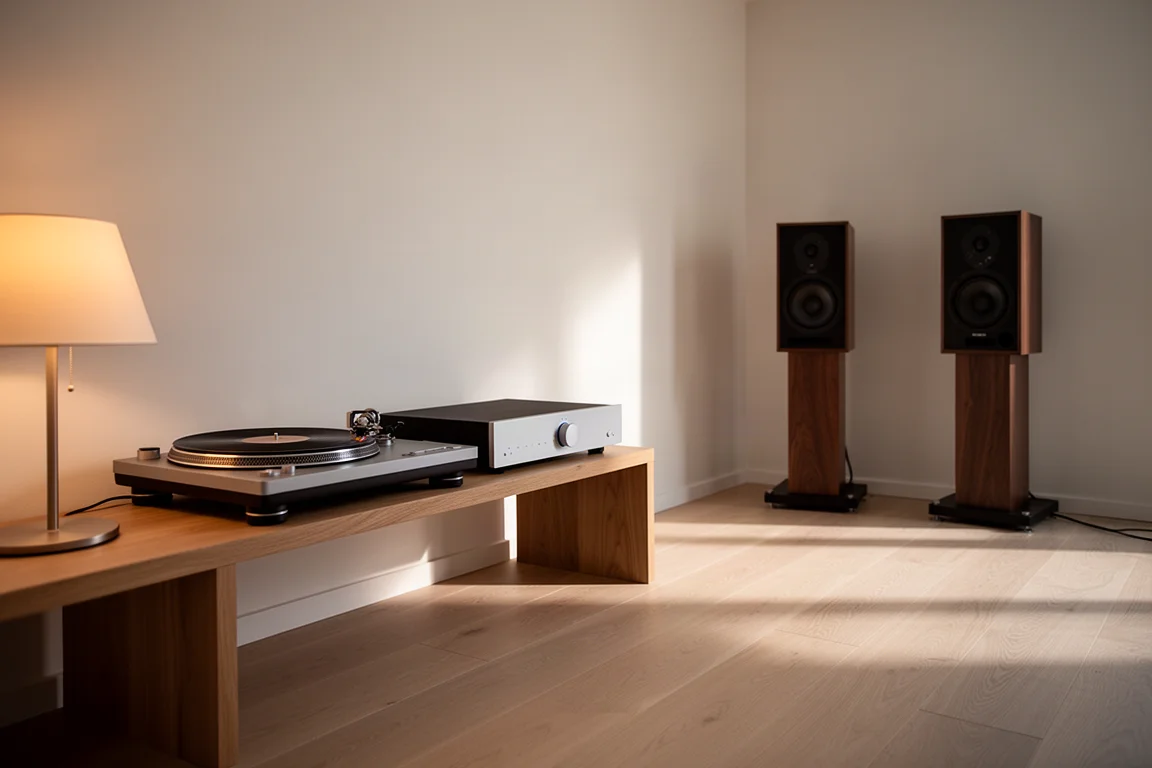 Minimalistiskt hi-fi-lyssningsrum med skivspelare, förförstärkare och stativmonterade högtalare