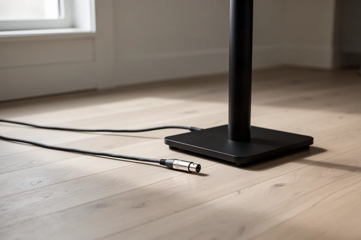 Balanserad XLR-kabel som vilar på ett ljust ekgolv bredvid ett högtalarstativ