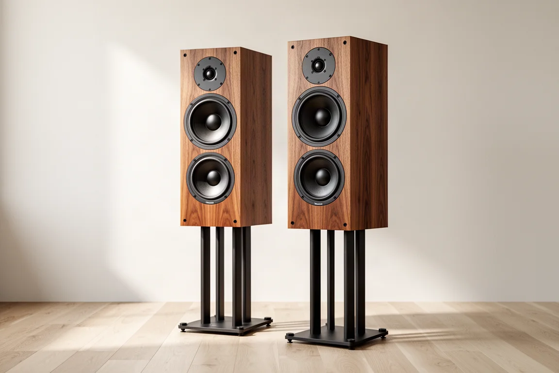 Pair of stand-mounted three-way active loudspeakers in walnut veneer on black stands